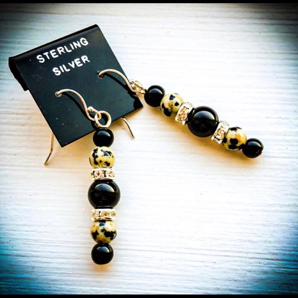 Dalmatian Jasper/Onyx/rhinestone/sterling silver earrings Handmade (by m… - Picture 1 of 6